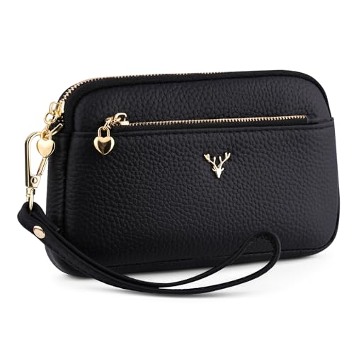 Genuine Leather Wristlet Wallets for Women Clutch Purse with Detachable Strap Slim Phone Wallet for Travel Wedding - color: Black