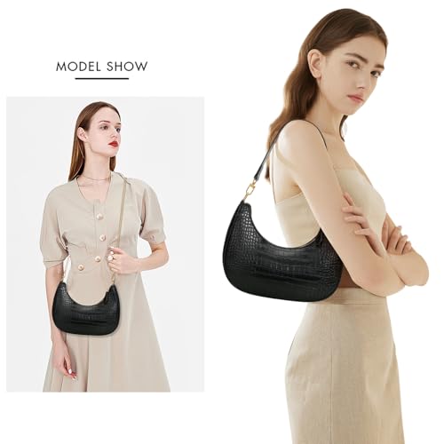 KKXIU Small Shoulder Bag for Women Mini Clutch Purses Cute Hobo Handbags | Classic Trendy Retro Underarm Crossbody Bag with Detachable Straps, Vegan Leather, Zipper Closure - color: S-black