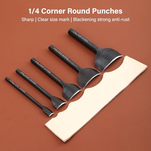 WUTA 5pcs Conner Punch Set,Black Carbon Steel Leather Craft Tools,Half-Round Leather Hole Punch Tool for Wallets, Strap Belts, Bags