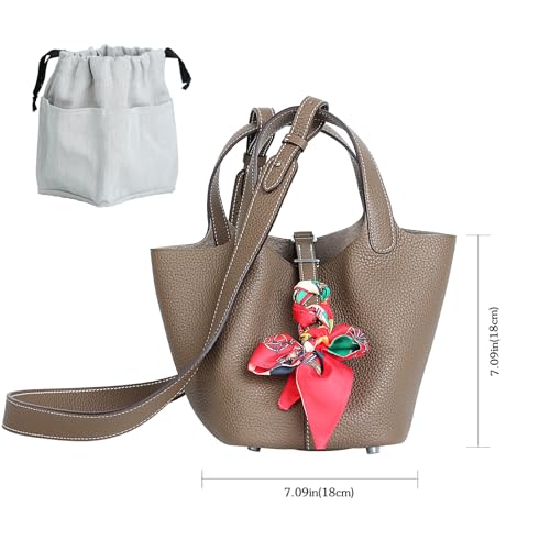 Genuine Leather Bucket Bag with Shoulder Strap, Organizer Insert & Silk Scarf for Women Handbag Tote Bag - color: Elephant Gray-sliver