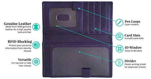 RFID Leather Checkbook Cover With Credit Card Slots and Pen Holder - color: Dark Purple