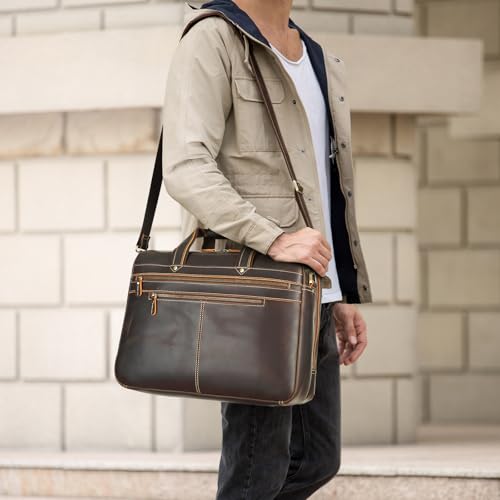 Polare Full Grain Napa Leather 17" Briefcase Work Bag Business Case For Men - color: Dark Brown (Updated Version)