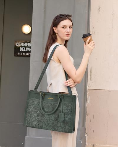 LOVEVOOK Laptop Tote Bag for Women, Large Work Computer Bag with Cup Holder - color: Retro Embossed Green, size: 17.3 Inch