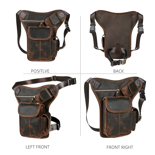 Water Resistant Canvas + Leather Motorcycle Travel Fanny Waist Pack Drop Thigh Leg Bag Pouch For Men Women FB913-5 - color: 100% Genuine Leather-X3106 Brown