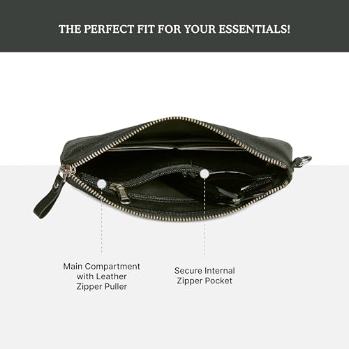 Leather Wristlet Wallet for Women Clutch Handbag Purse with Cell Phone Slot | Genuine Top Grain Leather, 8 Credit Card Slots, Detachable Strap, YKK Zipper, Gifts for Women - color: Black Nappa