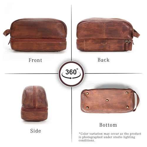 Premium Handmade Leather Toiletry Bags for Men and Women, Genuine Leather Dopp Kit and Shaving Bag for Men, Travel Cosmetic Bag for Womens and Mens, Retro - Dark Brown - color: Retro - Brown (Large)