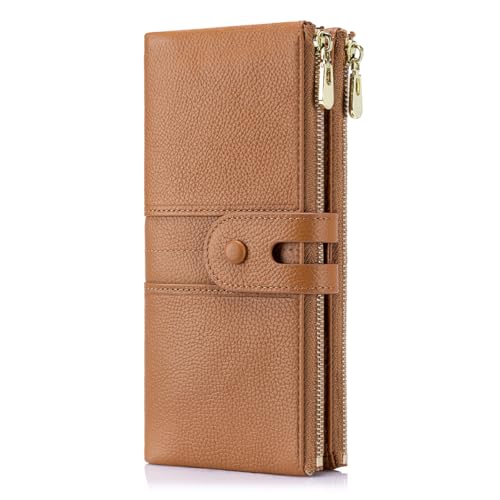 Large Capacity Wallets for Women Soft Leather RFID Blocking Long Wallet Ladies Bifold Clutch Purse Credit Card Holder with Double Zipper Pocket ID Window,Brown - color: Brown