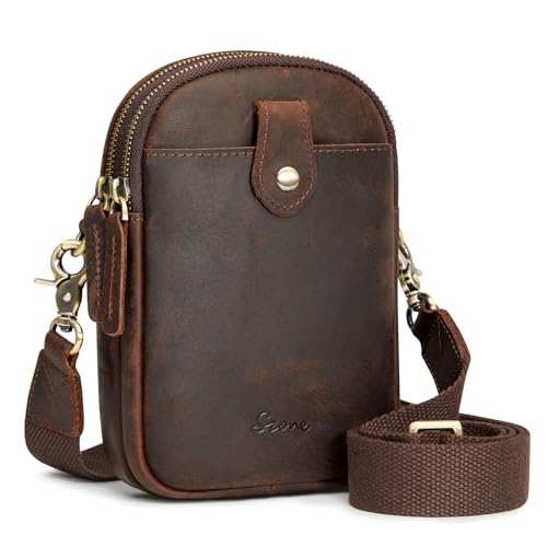 S-ZONE Small Crossbody Bags for Women RFID Blocking Leather Phone Purses | Crazy Horse Leather, Multi Pockets, Trendy Adjustable Wide Strap, Compact Shoulder Purse for Daily Dating Travel - color: Dark Brown