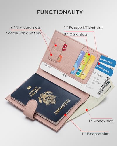 Karmiir RFID Passport Holder Travel Wallet for Women, Leather Passport Cover Wallet with Card Holders SIM Slots,Zippered Coins Pocket and Cash Slot Slim Compact Travel Wallet (Pink) - color: Nude Pink