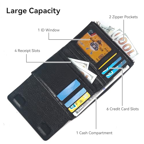 Women's Bifold Wallet, Genuine Leather, Magnetic, ID Window | Holds 10+ Cards, 2 Zip Coin Pockets, Pebbled Cowhide, Snap Closure, Large Capacity, Multiple Colors, Compact 5.5x3.9in - color: B-Black