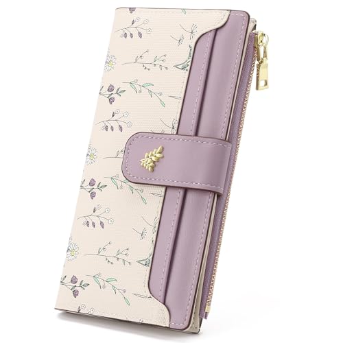 GAEKEAO Womens Wallet Slim Thin RFID Blocking Floral Vegan Leather Card Holder Bifold Long Ladies Wallet with Zipper Pocket - color: Purple