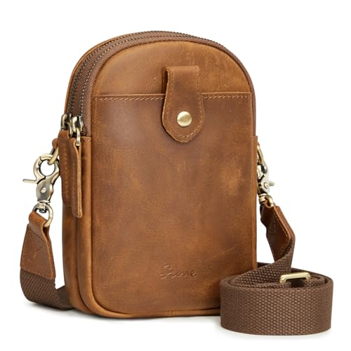 S-ZONE Small Crossbody Bags for Women RFID Blocking Leather Phone Purses | Crazy Horse Leather, Multi Pockets, Trendy Adjustable Wide Strap, Compact Shoulder Purse for Daily Dating Travel - color: Light Brown