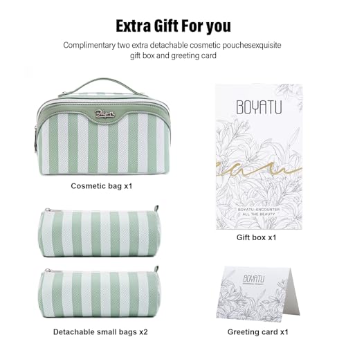 BOYATU Travel Makeup Bag for Women: 3 Pcs Set Striped Make up Bag,Green | Vegan Leather Cosmetic Bags with Compartments - Waterproof Large Capacity Toiletry Bags - 180° Open-Flat Makeup Organizer - color: A-2-Green