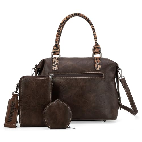 Wrangler 3Pcs Doctor Bag Sets for Women Top-handle Satchel Bag with Cell Phone Handbag and Coin Purse - color: Coffee Leopard