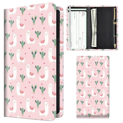Checkbook Cover for Personal Checkbook, Cute Pu Leather Check Book for Women & Men, Slim Checkbook Holder with Pen Holder and Built-in Clear Plastic Divider, Pink Alpaca - color: Pink Alpaca