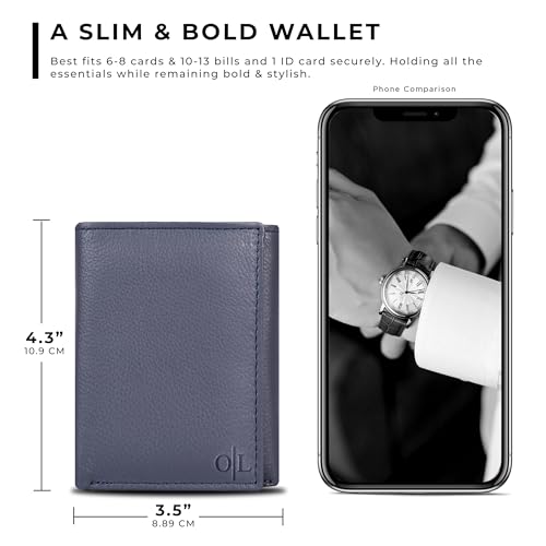 Trifold Leather Wallet for Men - RFID Slim Minimalist Front Pocket 6 Slots - color: Nappa Navy