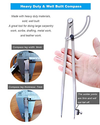 12 inch Professional Woodworking Compass with Pencil Holder for Carpenter, Lockable Wing Divider Leather Work Compass Scribe, Geometry Drafting Compass
