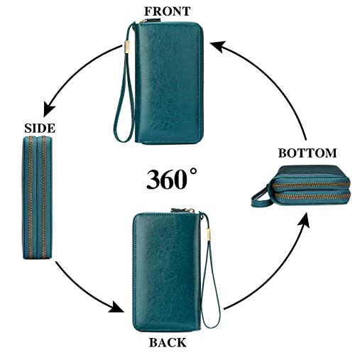 SENDEFN Leather Women Wallet RFID Blocking Zipper Around Phone Holder Clutch Wristlet Large Capacity - color: Peacock Blue