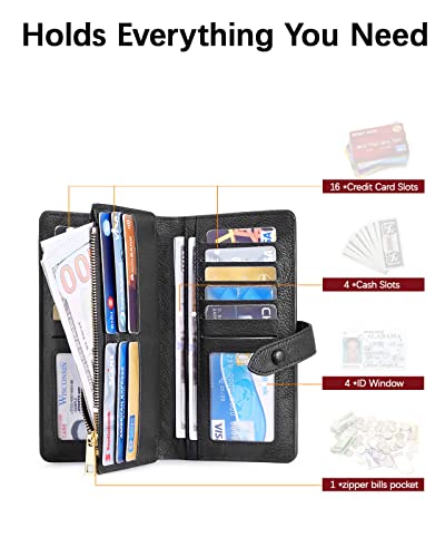 BOSTANTEN Womens Leather Wallet RFID Large Capacity Credit Card Holder | 4 ID Windows, 16 Card Slots, Zipper Coin Pocket, Clutch Wallet, Long Bifold, Ladies Gifts, Grey Black - color: B-Black-oil wax
