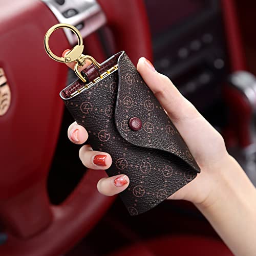 GOLF SUPAGS Women PVC Leather Car Key Chain Card Holder Wallet Pouch 6 Hook Snap Closure keys Money Organizer Case | Card Holder - color: Brown×Wine