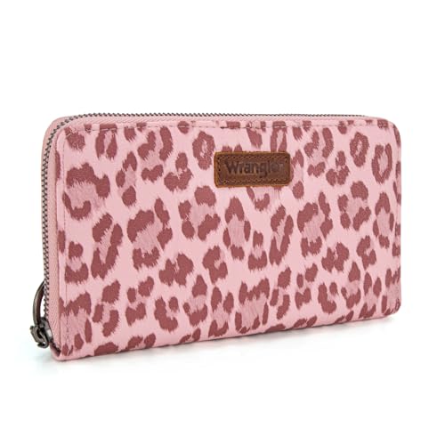 Wrangler Pink Wallet for Women Ladies Female Leopard Print Large Wristlet Wallets, Card Cases & Money Organizers Clutch Phone Wallets Western Credit Card Zipper Wallet with RFID Lining - color: Leopard-Pink