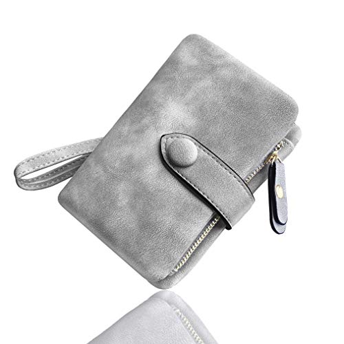 AOXONEL Women's Small Bifold Leather wallet Rfid blocking Ladies Wristlet with Card holder id window Coin Purse - color: Grey