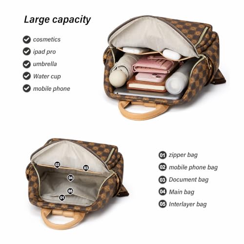 Makes Mini Backpack for Women, Small Casual Backpacks Daily Travel Bag 2pcs | Small Bookbag,Work Travel School PU Leather Shoulder Bag Mochilas Para Mujer Rucksack Gifts for Lady Girls Mother Wife - color: Checkered Coffee