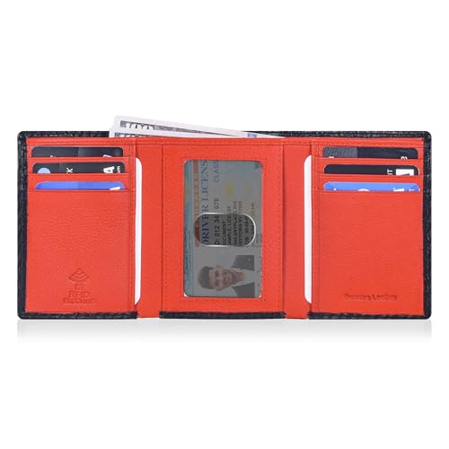 Trifold Leather Wallet for Men - RFID Slim Minimalist Front Pocket 6 Slots - color: Black Carbon/Orange
