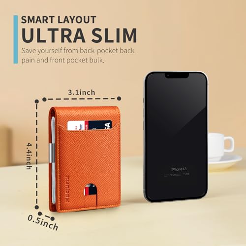 RUNBOX Slim Wallet for Men - RFID Blocking Leather Bifold with Money Clip | Minimalist Front Pocket Wallet Holds 11 Cards,Slim Thin Design,RFID Blocking Protection, Practical Birthday Gifts for Men - color: palm grain orange