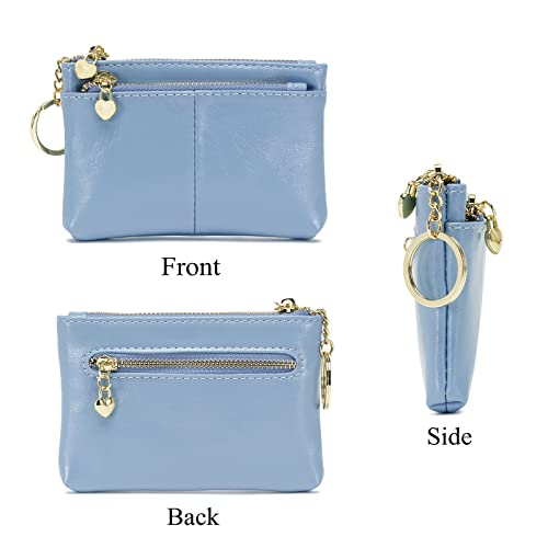 Women PU Leather Zip Mini Coin Purse With Key Ring Triple Zipper Card Holder Wallet (Blue) - color: Blue