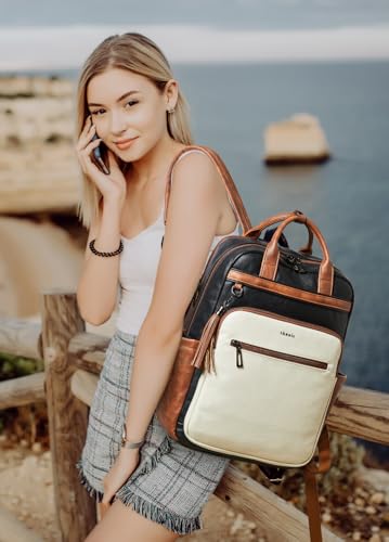 Laptop Backpack for Women 15.6 inch Travel Leather Backpack Purse Work Computer Backpacks for Business College Black With Brown and White - color: Black With Brown and White