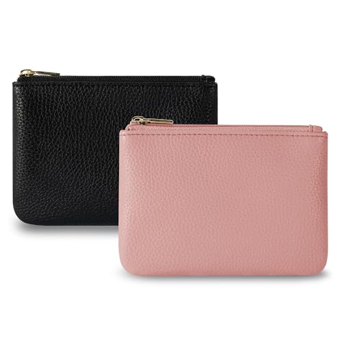 Chelmon PU Leather Coin Purse Pouch Change Holder Small With Zipper for Men Women 2 PCS Set (Black&Pink) - color: Black&Pink