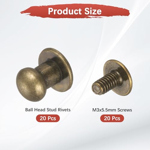 TIXIPEM 6mm Ball Head Stud Rivets Screw Back [20Pcs] - Metal Round Head Button Nipple Rivet Use for Bag & Belt & Handbag & Leather Craft & DIY Decoration - [Copper] - color: Copper, size: 6mm