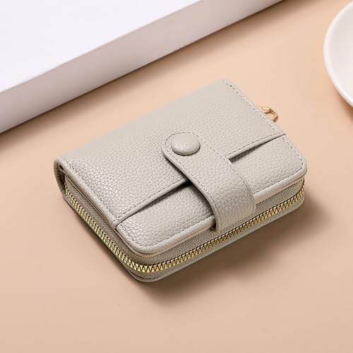 Women's Soft Lychee Grain PU Leather Short Wallet, Snap Button Multi Card Slots Zipper Coin Pocket, Portable Daily Small Purse for Cash Cards Lipstick - Grey - color: Lychee Grain-Grey