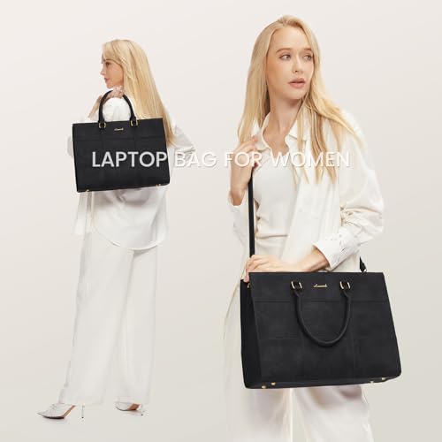 LOVEVOOK Laptop Bag for Women 15.6 Inch Laptop Tote Bag Vintage Leather Work Bags for Women Professional Computer bag | Two-piece set - color: Black, size: 15.6 inch