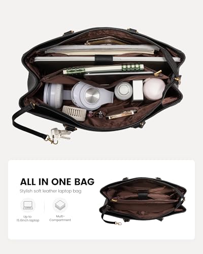 LOVEVOOK Laptop Tote Bag for Women,Leather Work Computer Briefcase Bag - color: Retro Black, size: 15.6 inch