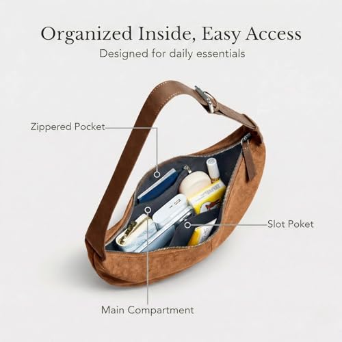 Suede Crescent Crossbody Bag for Women, Hobo Shoulder Purse | Soft faux suede with zipper closure, ideal for everyday use, work, travel, and casual outfits - color: Brown
