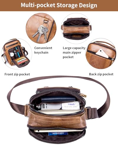 Leather Crossbody Bag for Men with Double Compartments | Genuine cowhide,two roomy sections,adjustable strap,zip closure,ideal for work,commuting,travel and gifts - color: Brown-1