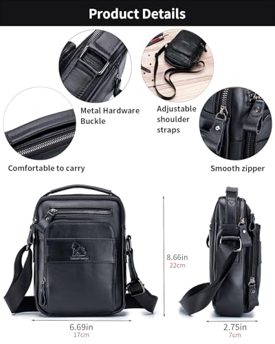 Leather Crossbody Bag for Men with Double Compartments | Genuine cowhide,two roomy sections,adjustable strap,zip closure,ideal for work,commuting,travel and gifts - color: Black