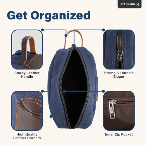 emissary Men's Toiletry Bag, Leather and Canvas Travel Toiletry Bag, Dopp Kit for Men, Travel Bathroom Bag Men's Shaving Kit, Travel Kit Small Bags for Men, Shaving Bag for Travel Accessories (Blue) | Durable canvas & PU leather, water-resistant lining, s