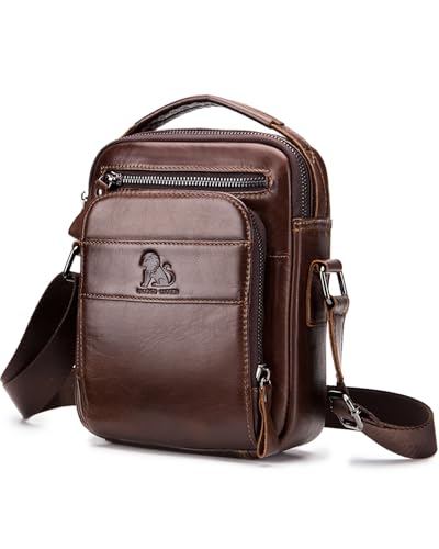 Leather Crossbody Bag for Men with Double Compartments | Genuine cowhide,two roomy sections,adjustable strap,zip closure,ideal for work,commuting,travel and gifts - color: Coffee