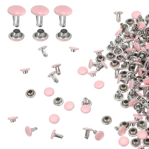 HARFINGTON 100 Sets Double Cap Leather Rivets, 6x6mm Round Cap Tubular Metal Studs Leather Crafting Rivets for Fabric Belt Pet Collar Boot Bag Repair and Decoration, Pink - color: Pink, size: 6x6mm