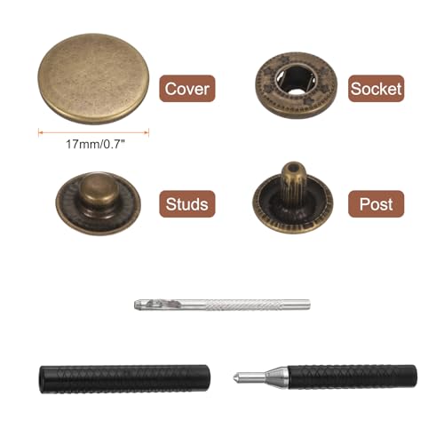 HARFINGTON 25 Set Leather Snap Fasteners Kit 17mm Metal Snap Button Press Studs Leather Rivets Snaps with 3 Setter Tools for Clothes Jackets Jeans Wears Bags, Bronze - color: Bronze, size: 17mm