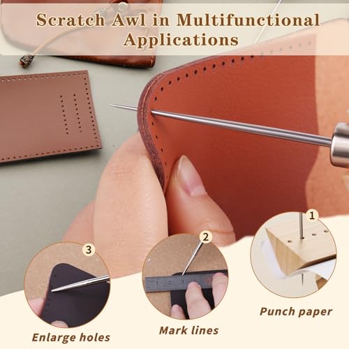 ZXIIXZ 3 Pack Leather Scratch Awls Tool, Wooden Handle Sewing Awl | Leather Awls for Stitching Punching Sewing, Scratch Awl Tool Supplies for DIY Leather Sewing Punching Craft Repair - color: 3 Pcs Wooden Brown