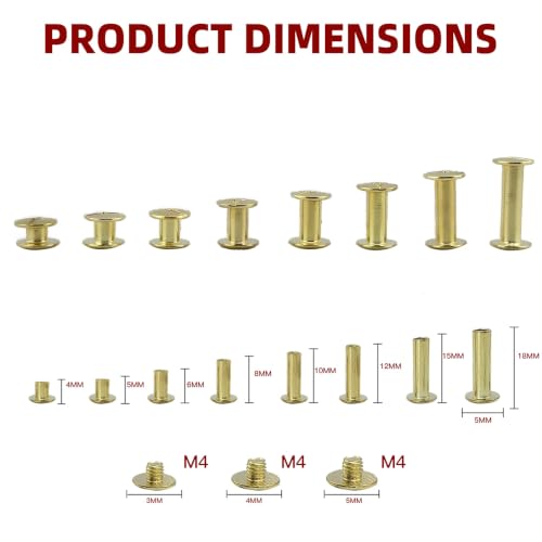 110 Sets Golden Chicago Screws Assorted Kit, 8 Sizes of Round Flat Head Leather Rivets Metal Screw, Used for Leather Crafts, Clothing, Shoes, Belts, Bags and Custom-Made Items - color: Golden M5-4,5,6,8,10,12,15,18