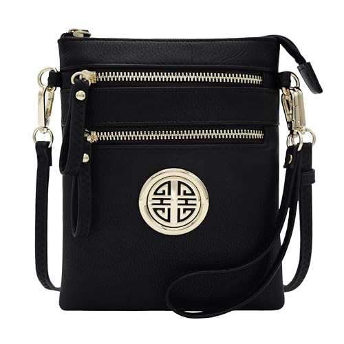 Small Multi Zipper Pockets Crossbody Bag with Detachable Wristlet - color: Black