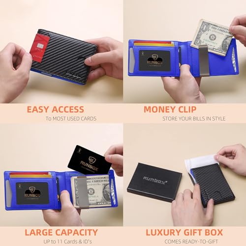 RUNBOX Slim Wallet for Men - RFID Blocking Leather Bifold with Money Clip | Minimalist Front Pocket Wallet Holds 11 Cards,Slim Thin Design,RFID Blocking Protection, Practical Birthday Gifts for Men - color: Carbon Black&Blue
