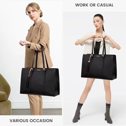 LOVEVOOK Laptop Bag for Women Vintage Leather Laptop Tote 17.3 inch Large Capacity Computer bag with Clutch Purse for Work - color: Black, size: 17.3 inch