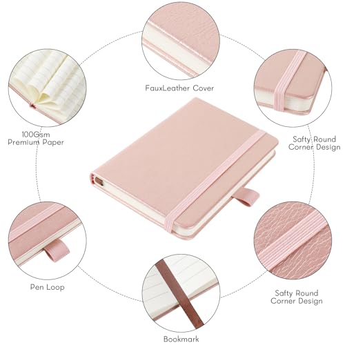 Animusphere 2Pack Pocket Notebook Small Notebook Journal Notebook 4 inches x 5.7 inches 200 Pages Leather Cover With Pen Holder Page Marker Ribbons (Rose Gold) - color: Rose Gold