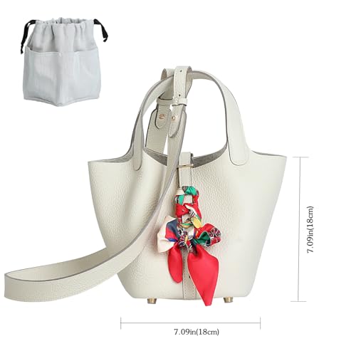 Genuine Leather Bucket Bag with Shoulder Strap, Organizer Insert & Silk Scarf for Women Handbag Tote Bag - color: Milky White-ggold